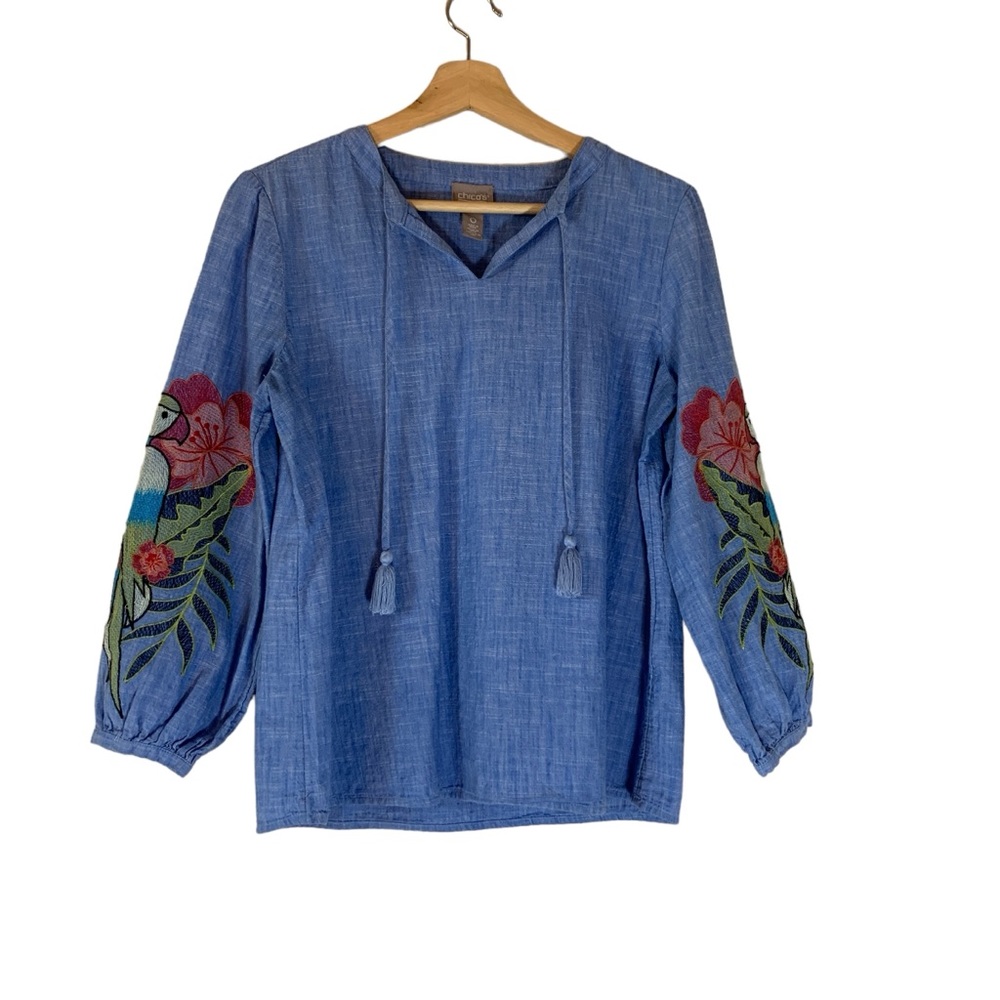 Chico's Floral Bird Embroidered Chambray Peasant Top Womens Size Small/0